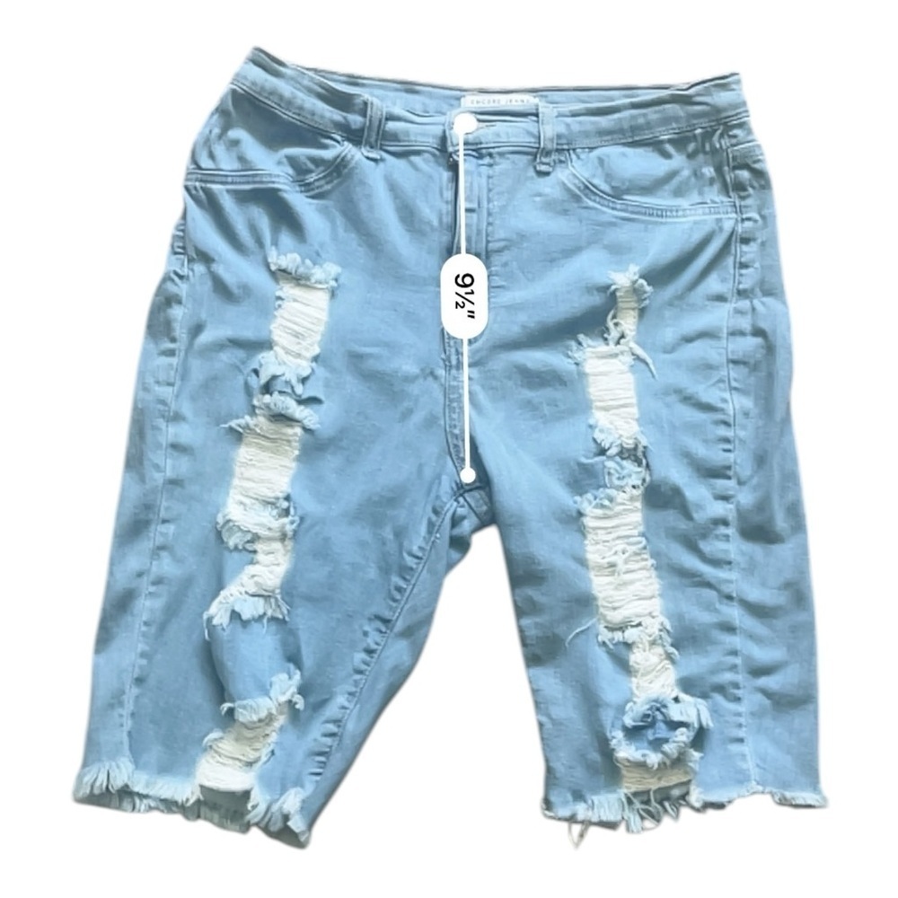 Encore Jeans denim light blue raw hem distressed shorts 1X ripped detail stretch - Picture 11 of 13